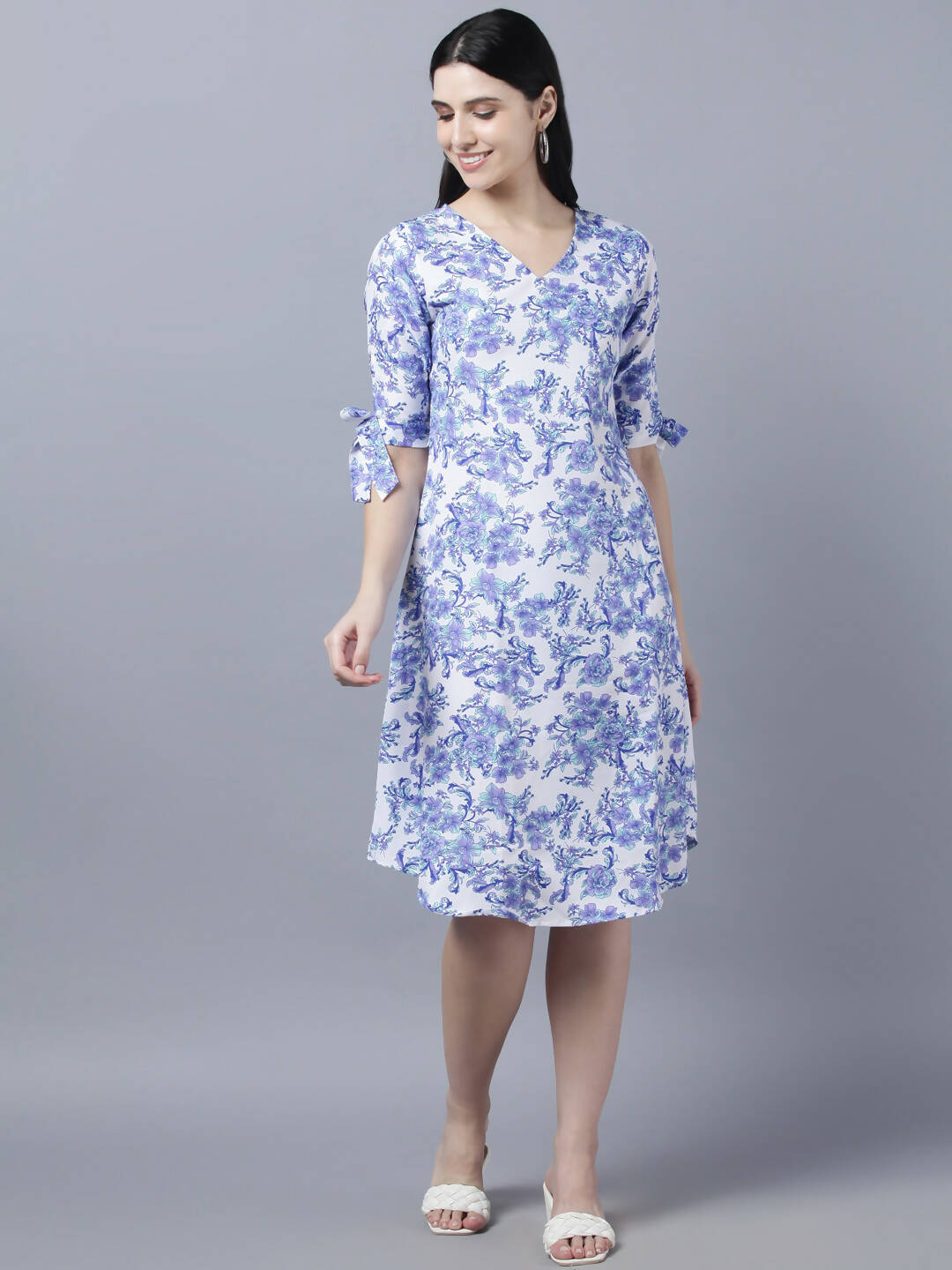 Myshka Women White Blue Printed A-Line Dress - Distacart