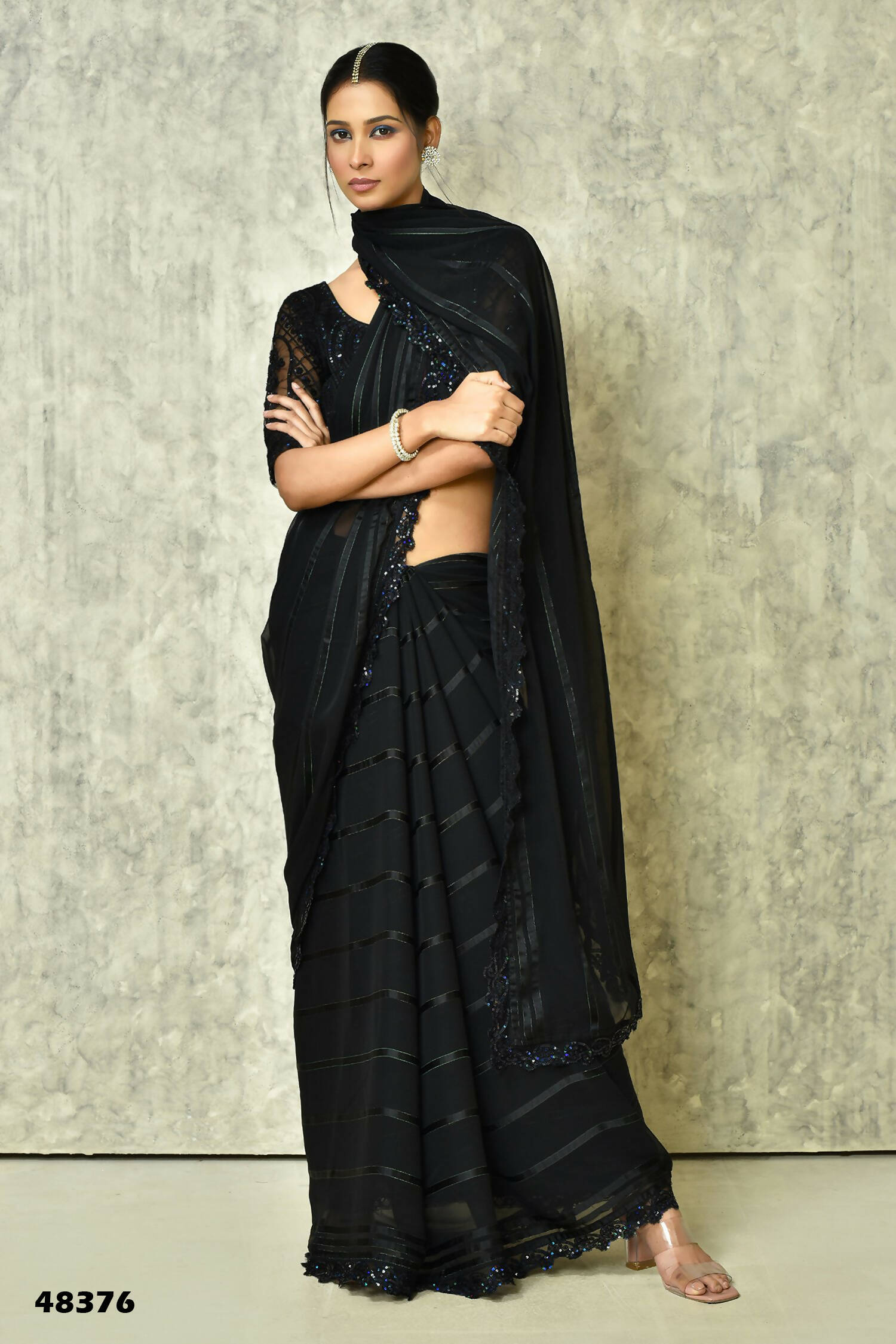 Black Silk Stripe Saree With Blouse Piece - Purvi - Distacart