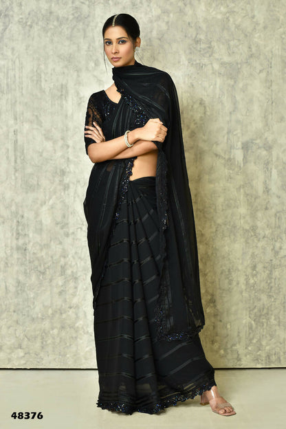 Black Silk Stripe Saree With Blouse Piece - Purvi - Distacart