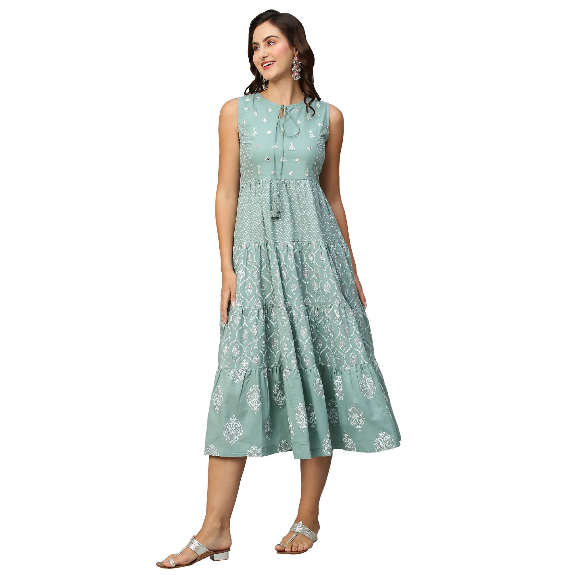 Sea Green & White Ethnic Motifs Embroidered Pure Cotton Maxi A-Line Dress - Poonam - Distacart
