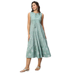 Thumbnail for Sea Green & White Ethnic Motifs Embroidered Pure Cotton Maxi A-Line Dress - Poonam - Distacart