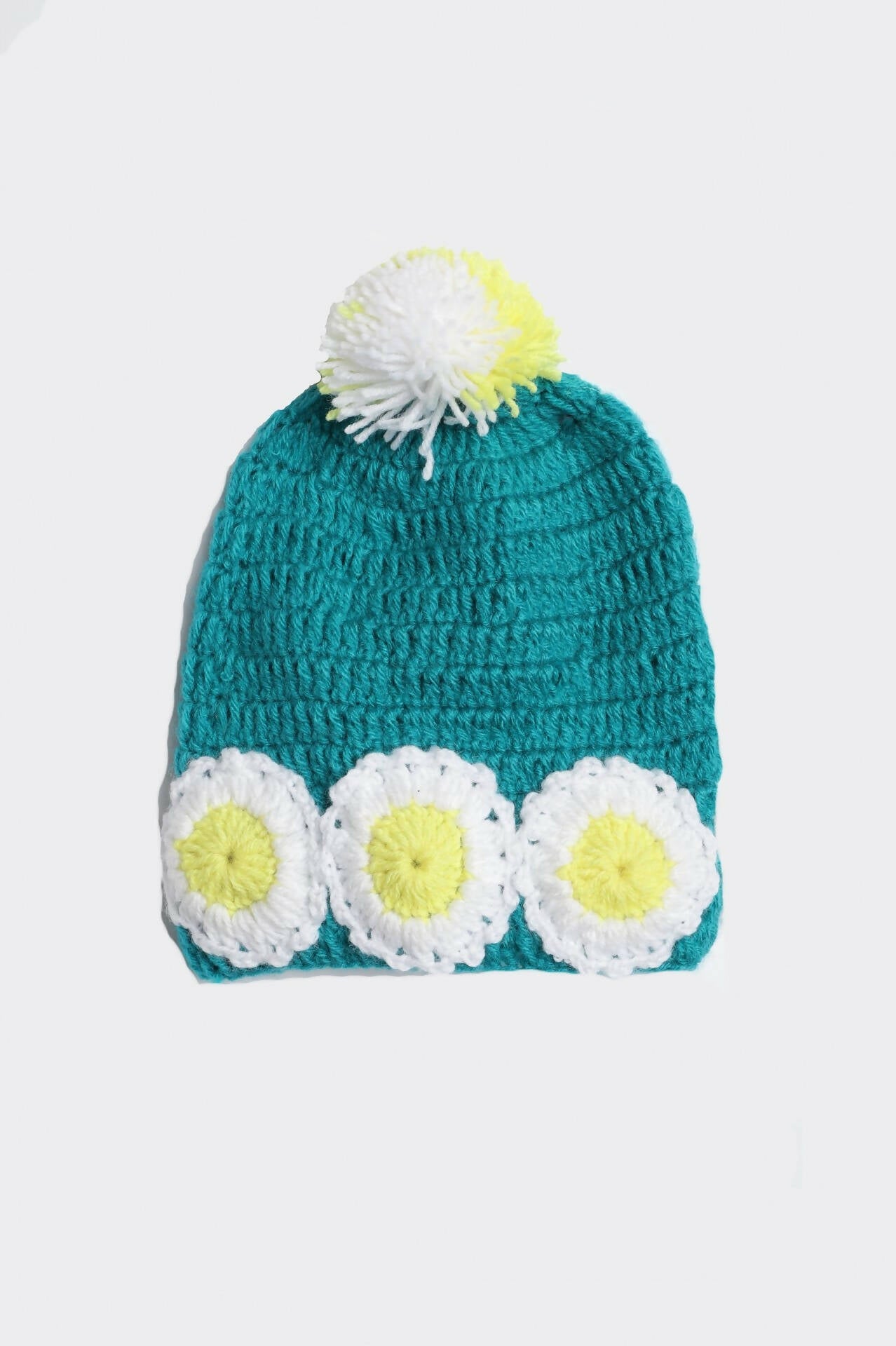 Chutput Kids Woollen Hand Knitted Flower And Pom Pom Detail Cap - Sea Green - Distacart