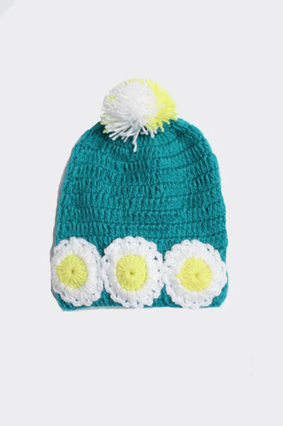 Chutput Kids Woollen Hand Knitted Flower And Pom Pom Detail Cap - Sea Green - Distacart