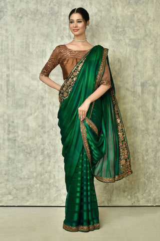 Dark Green Silk Solid Designer Saree with Blouse - Purvi - Distacart