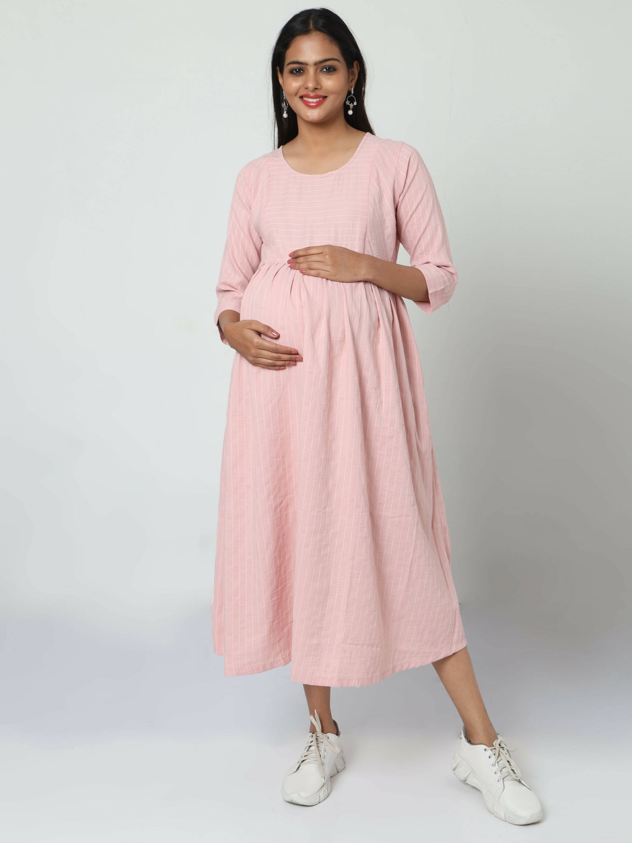 Manet Three Fourth Maternity Dress Striped With Concealed Zipper Nursing Access - Baby Pink - Distacart