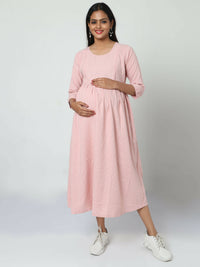 Thumbnail for Manet Three Fourth Maternity Dress Striped With Concealed Zipper Nursing Access - Baby Pink - Distacart