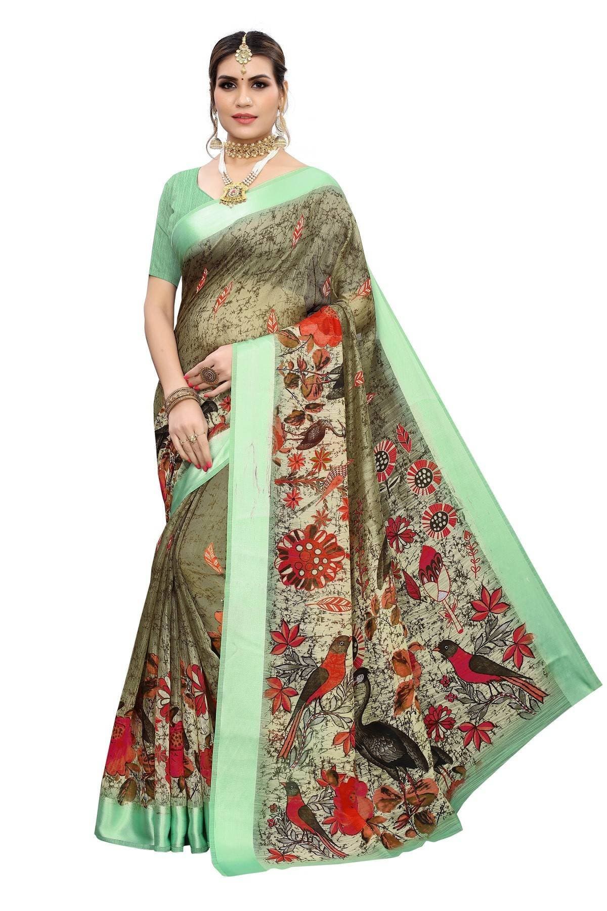 Vamika Green Linen Digital Print with Satin Border Floral Saree