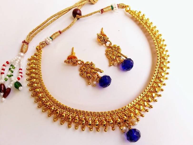 Pretty Metallic Necklace Set with Blue Drops