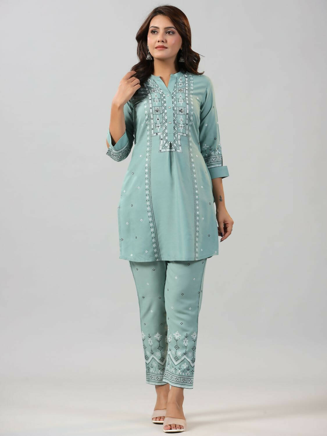 Juniper Women Sage Green Rayon Staple printed Kurta and Pants Set - Distacart