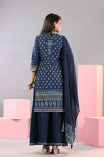 Thumbnail for Juniper Women Indigo Cotton Cambric Printed Kurta, Palazzo and Dupatta Set - Distacart