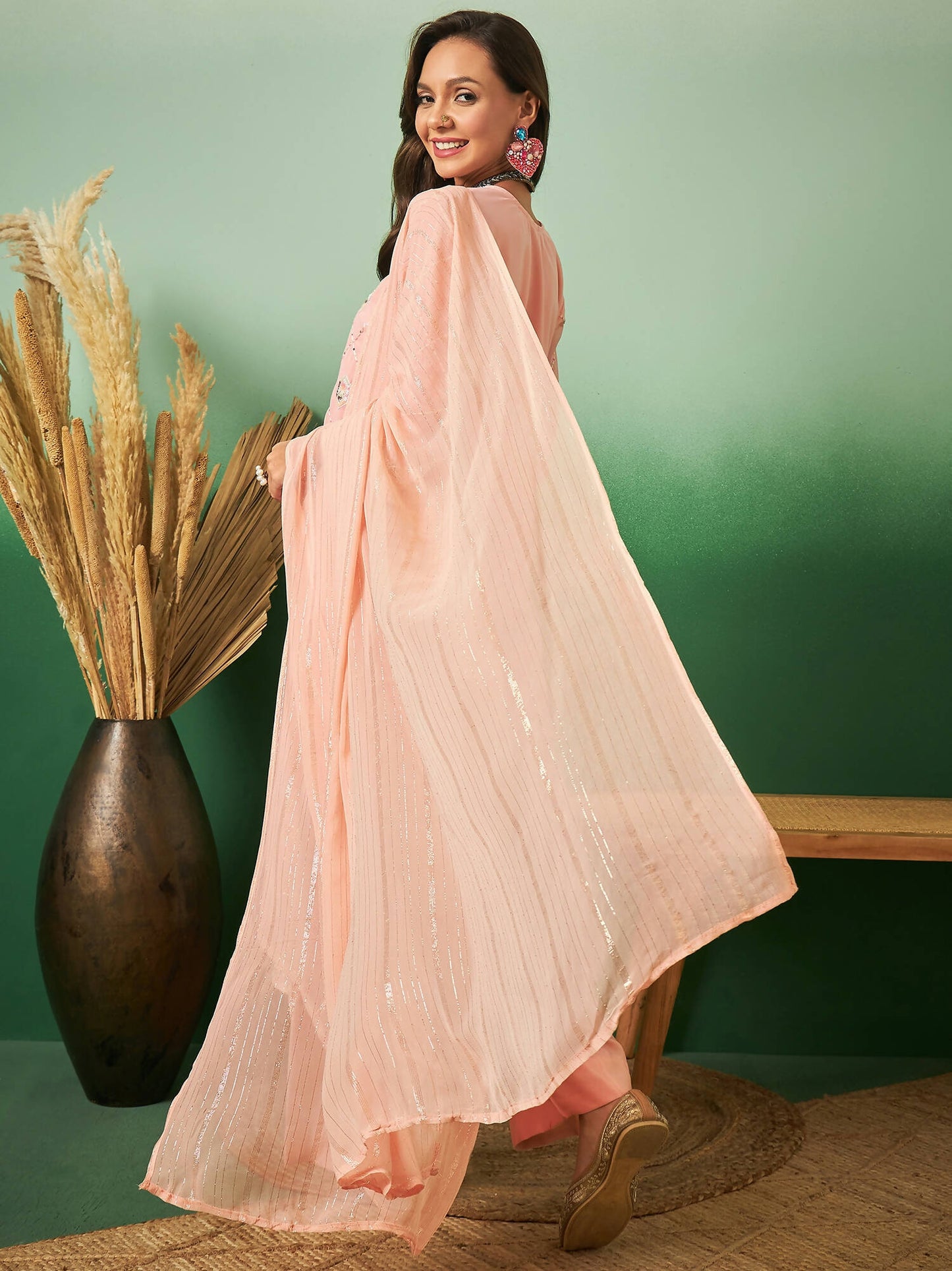 Peach Georgette Handwork Unstitched Dress Material - Hanika - Distacart
