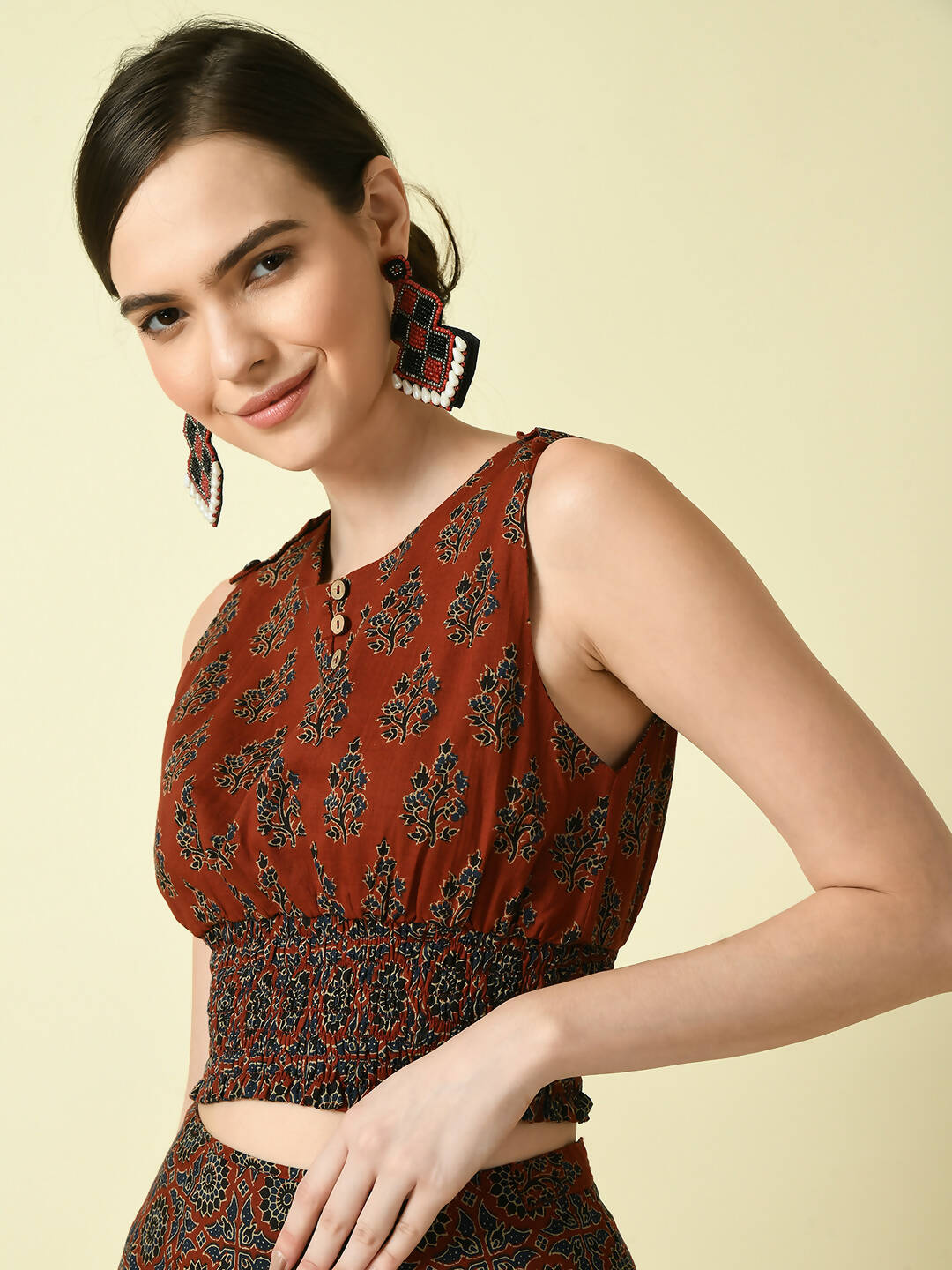 Myshka Women's Rust Ethnic Motifs Printed Top - Distacart