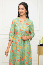 Thumbnail for Myshka Women Green Floral Rayon A-Line Round Neck Kurtas - Distacart