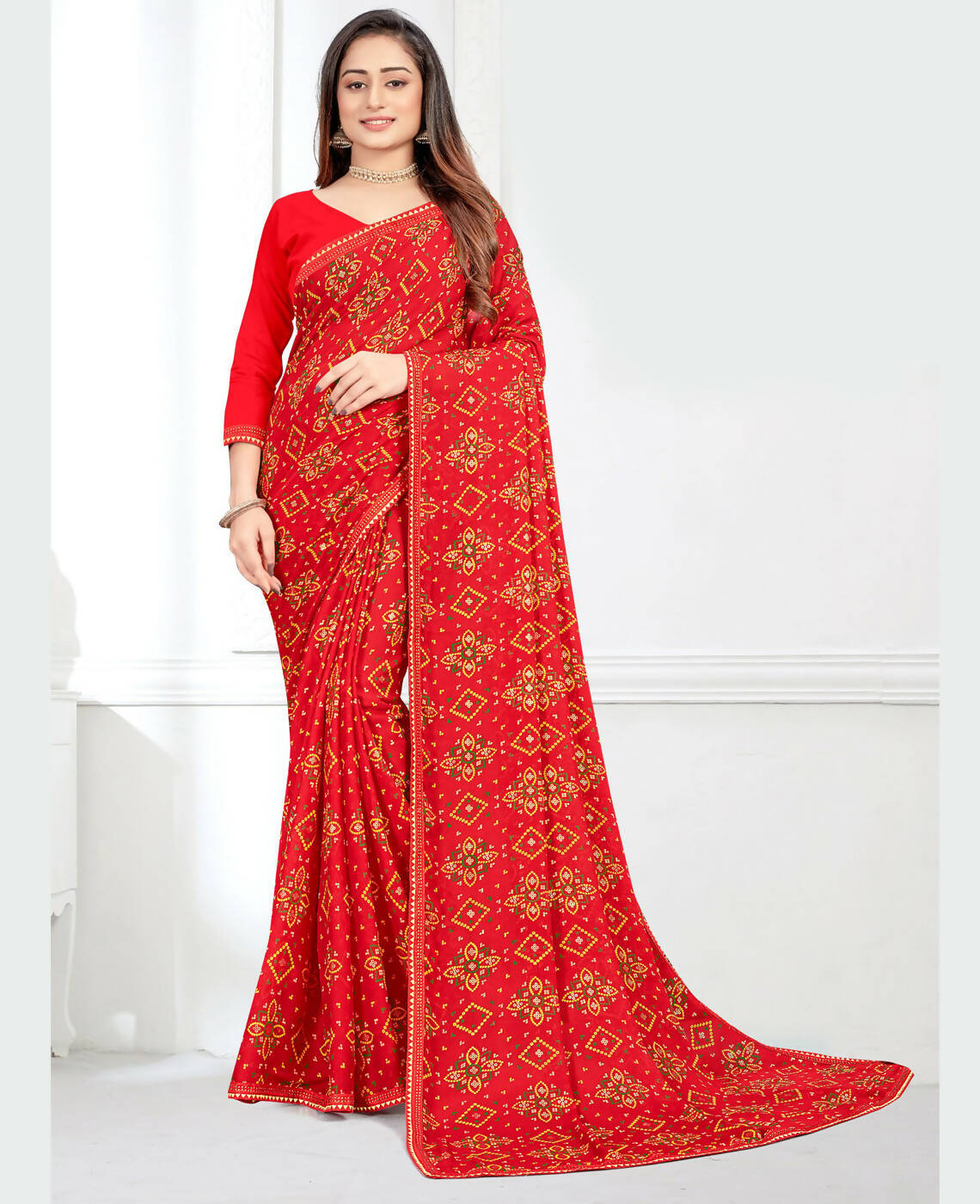 Red Georgette Bandhani Printed Saree With Unstitched Blouse Piece - Jyoti - Distacart