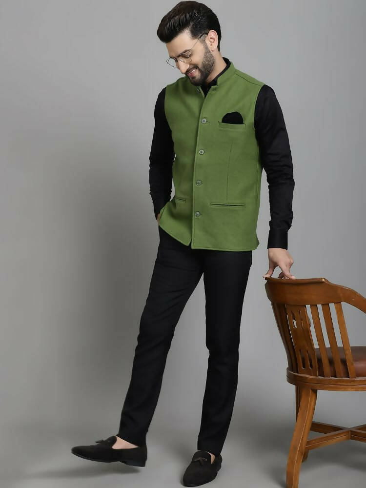 Even Apparels Nehru Jacket With Welt Pockets - Olive - Distacart