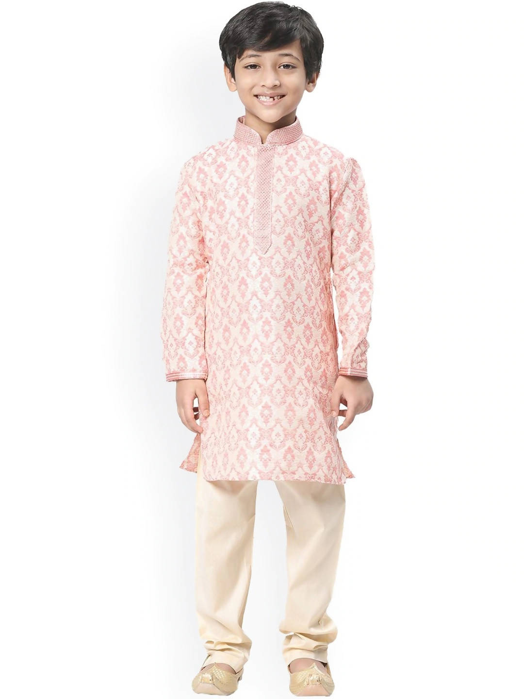 Manyavar Boys Coral & White Ethnic Motifs Angrakha Kurta with Pyjamas - Distacart