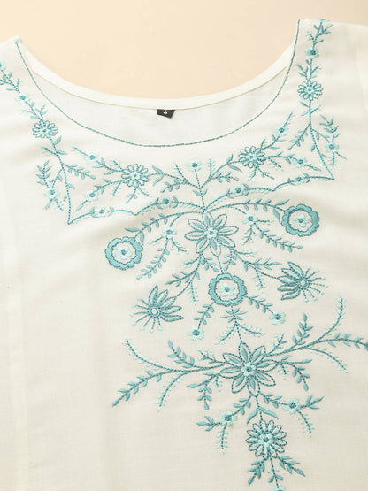 White Poly Rayon Floral Embroidered Top - Zeny - Distacart