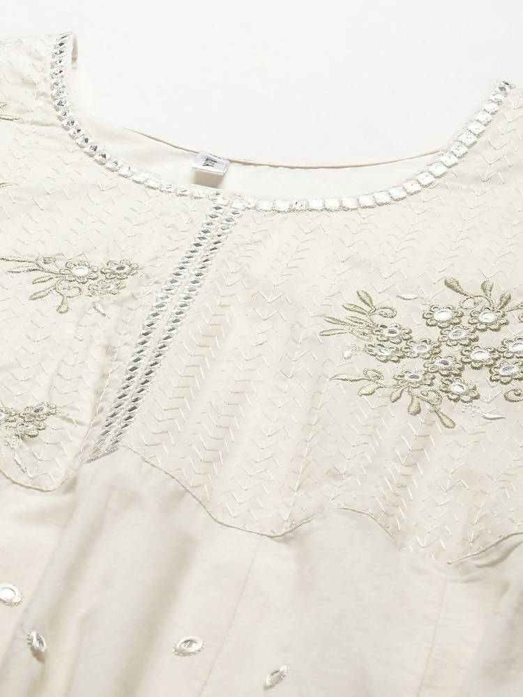 Yufta Women Cream-Embroidered Pure Cotton A-line Kurta with Trouser and Dupatta