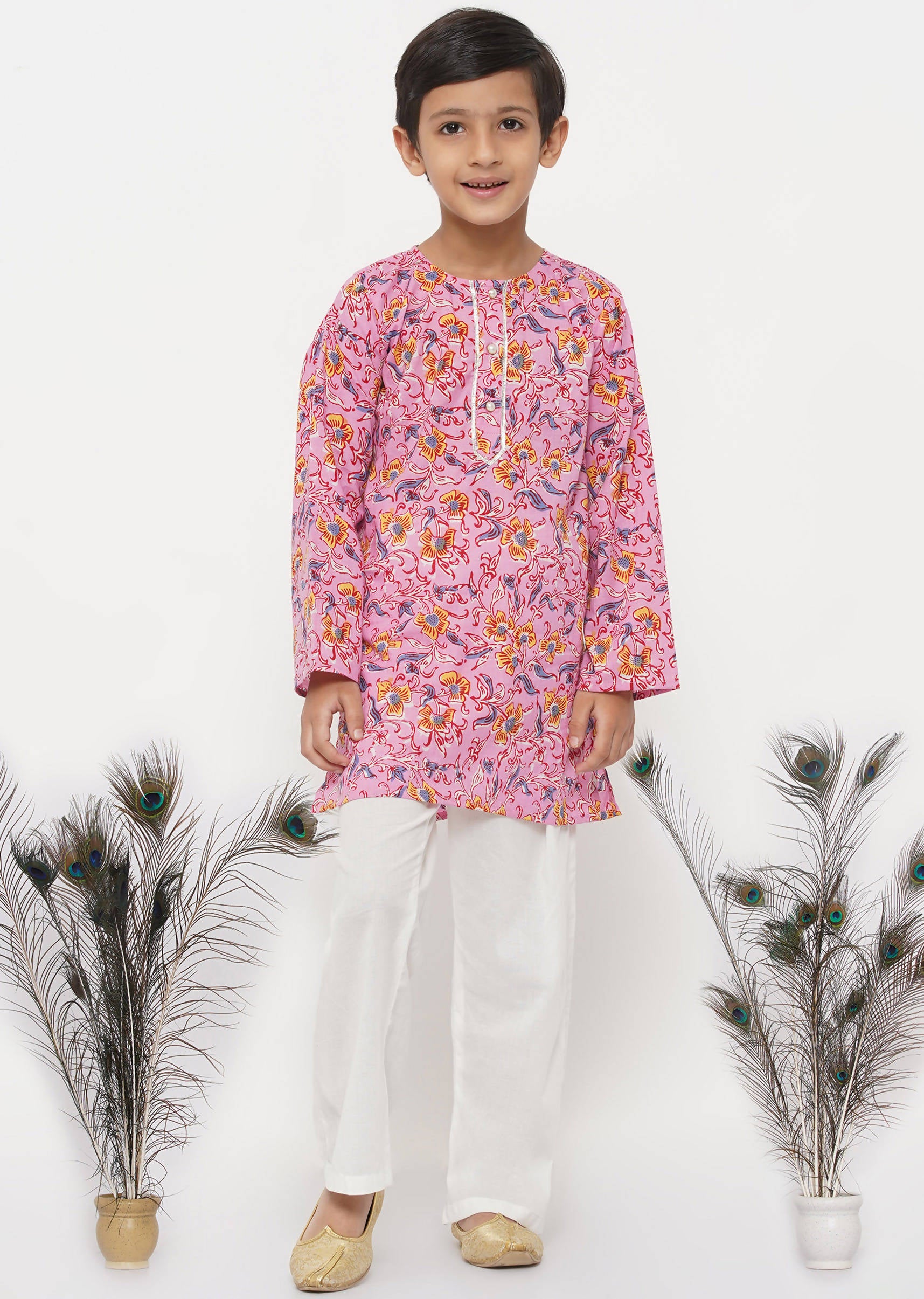 Little Bansi Cotton Block Print Floral Kurta with Pearl Buttons & Pyjama in Pink & Cream - Distacart