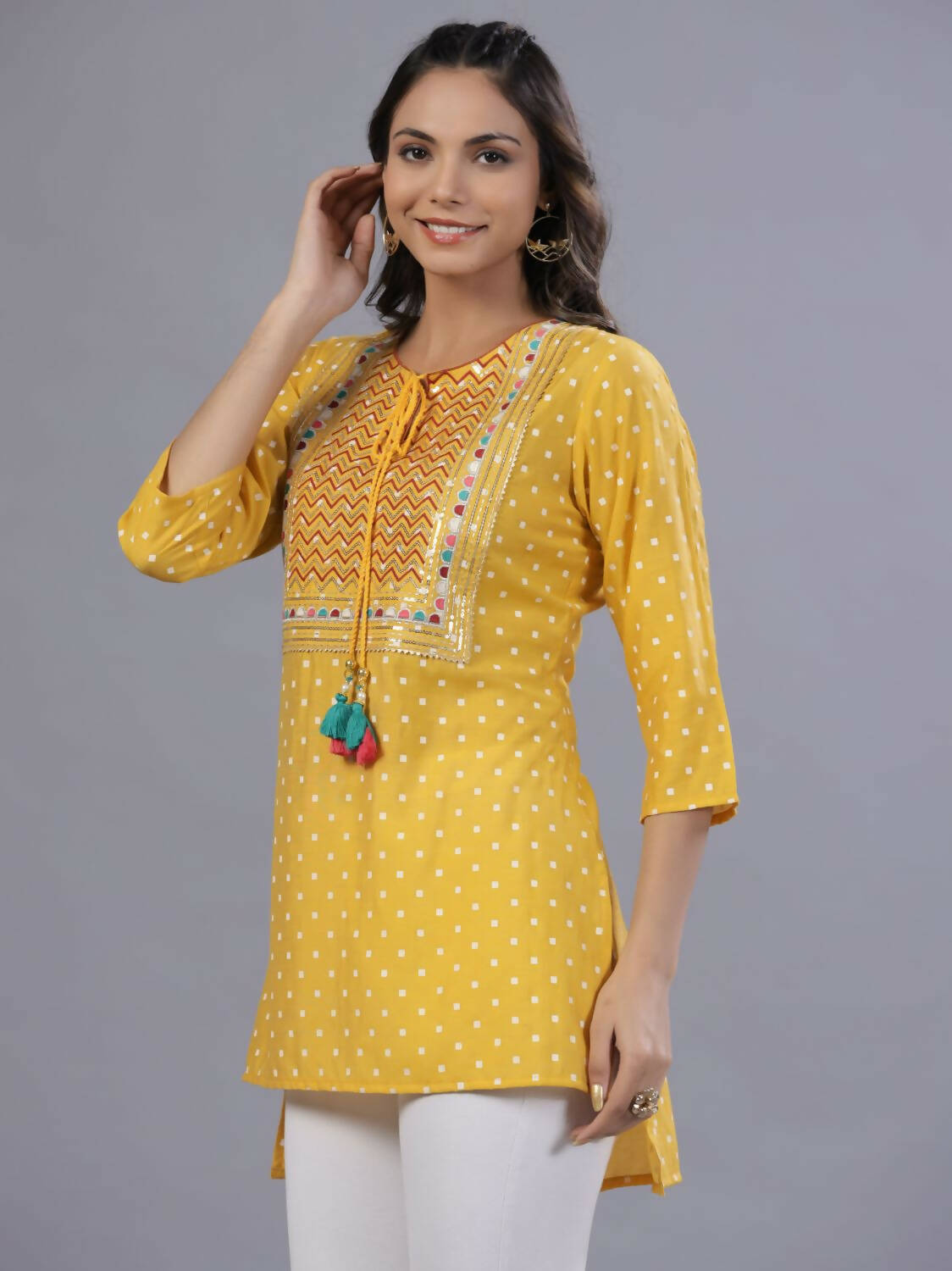 Juniper Women Yellow Muslin Printed High-Low Straight Tunic With Embroidered Yoke - Distacart