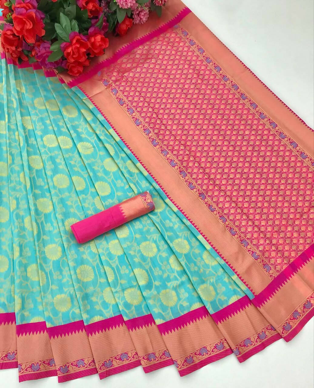 DEIANA'S Beautiful Golden Jari with New Design Soft Lichi Silk Saree - Sky - Distacart