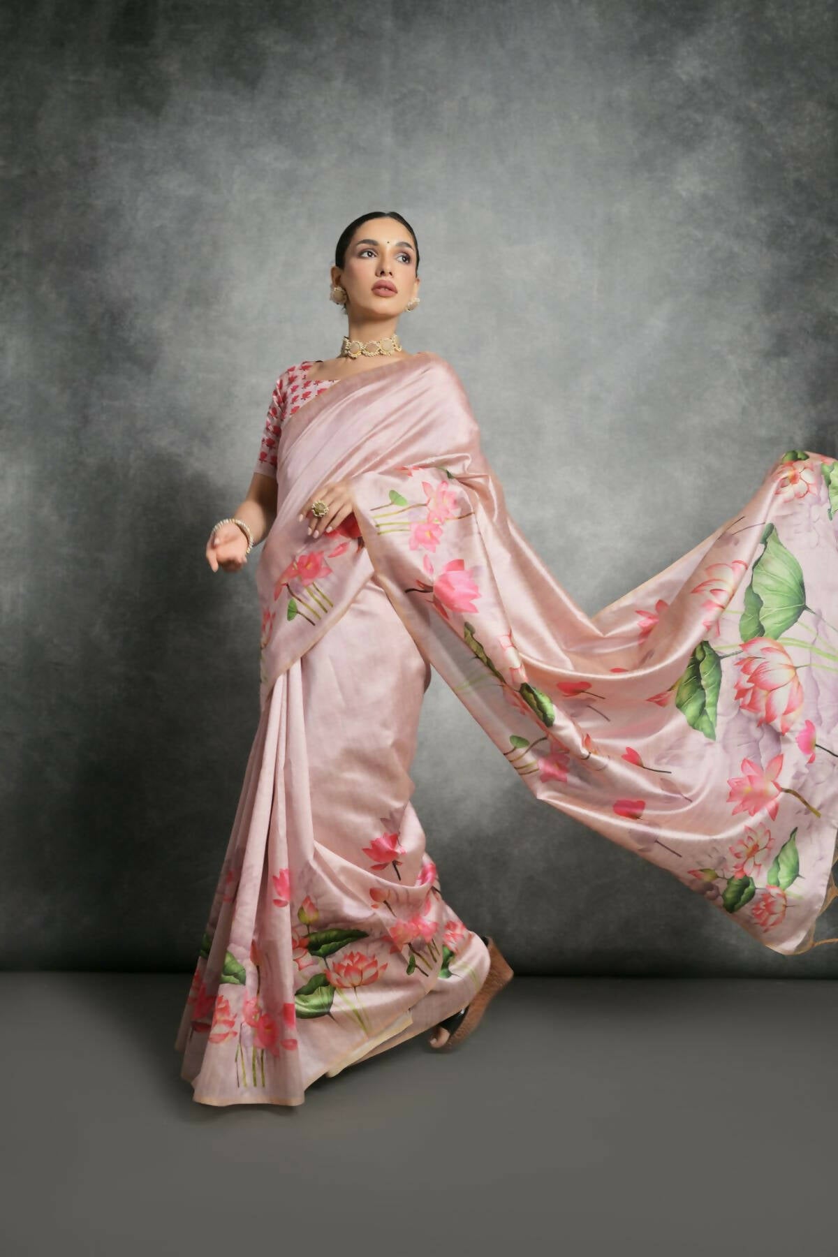 Vishnu Weaves Women's Pink Soft Tussar Silk Printed Saree with Blouse - Distacart