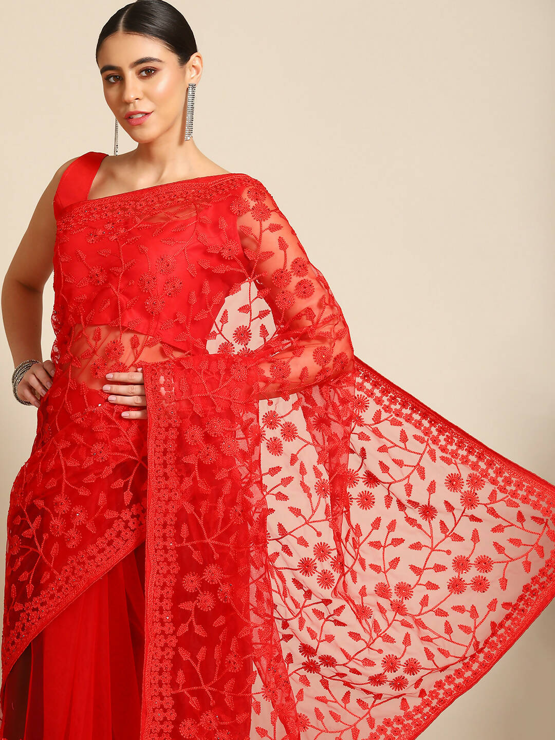 Red Woven Design Net Saree with Blouse Piece - Kalamkari - Distacart