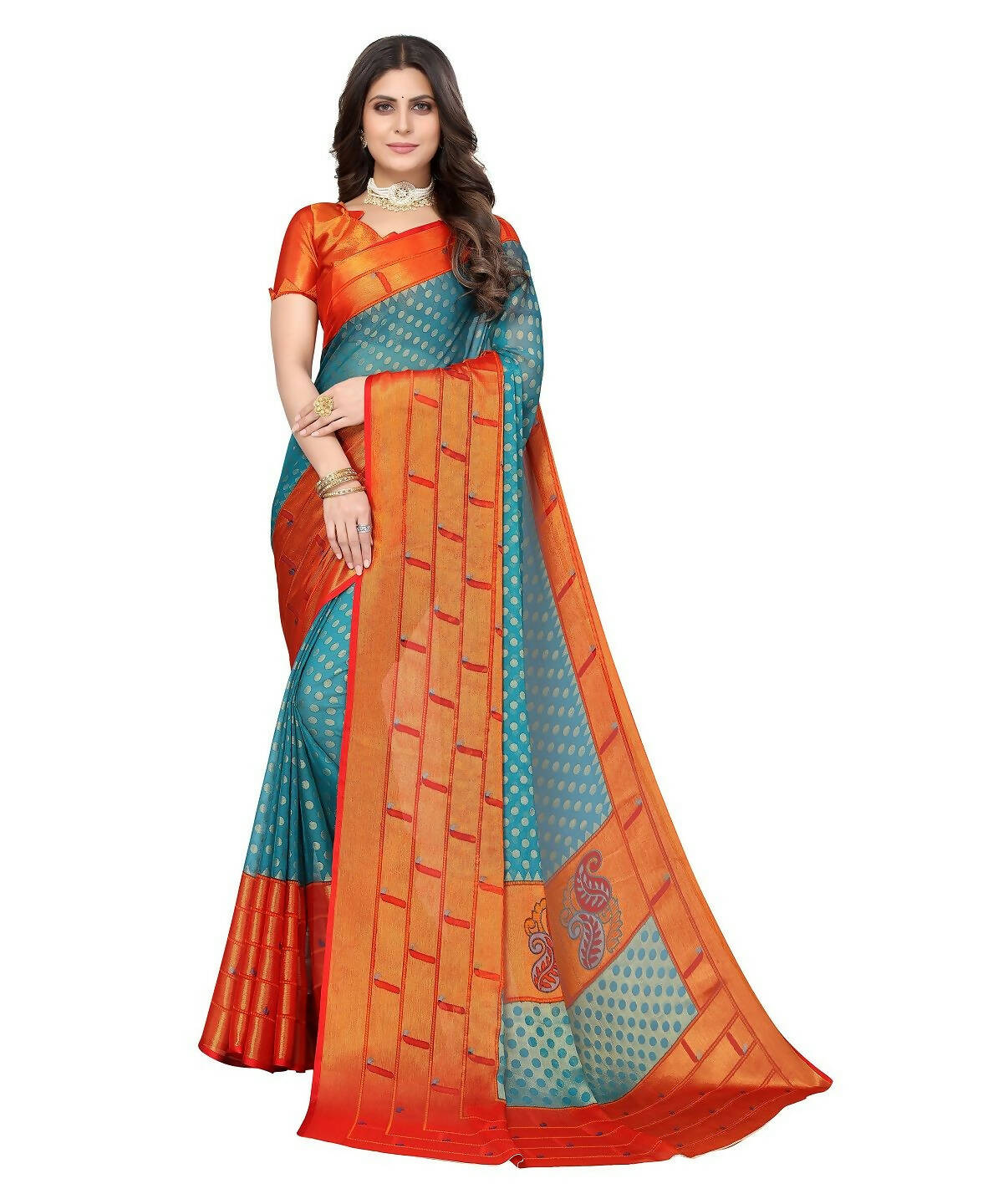 Vamika Sky Blue Chiffon Brasso Bollywood Style Woven Saree (DIMPLE SKY BLUE) - Distacart