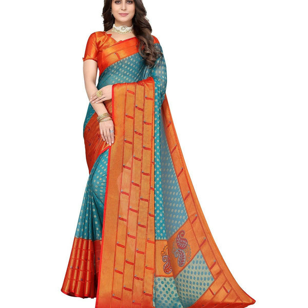 Vamika Sky Blue Chiffon Brasso Bollywood Style Woven Saree (DIMPLE SKY BLUE) - Distacart