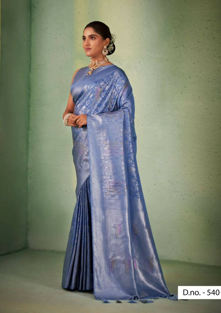 Charming Designer Greyish Blue Color Kanjivaram Silk Saree With Weaving Work - Yomika Fashions - Distacart