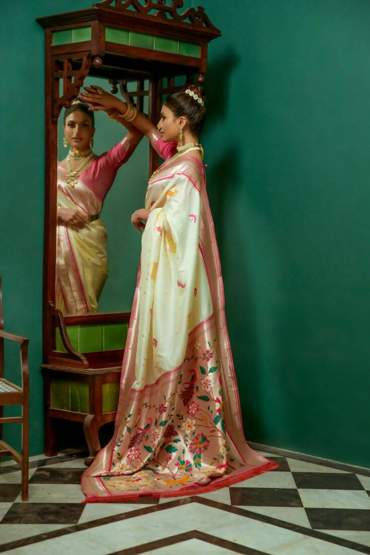 Vishnu Weaves Women's Cream Paithani Silk Zari Woven Saree with Unstitched Blouse - Distacart