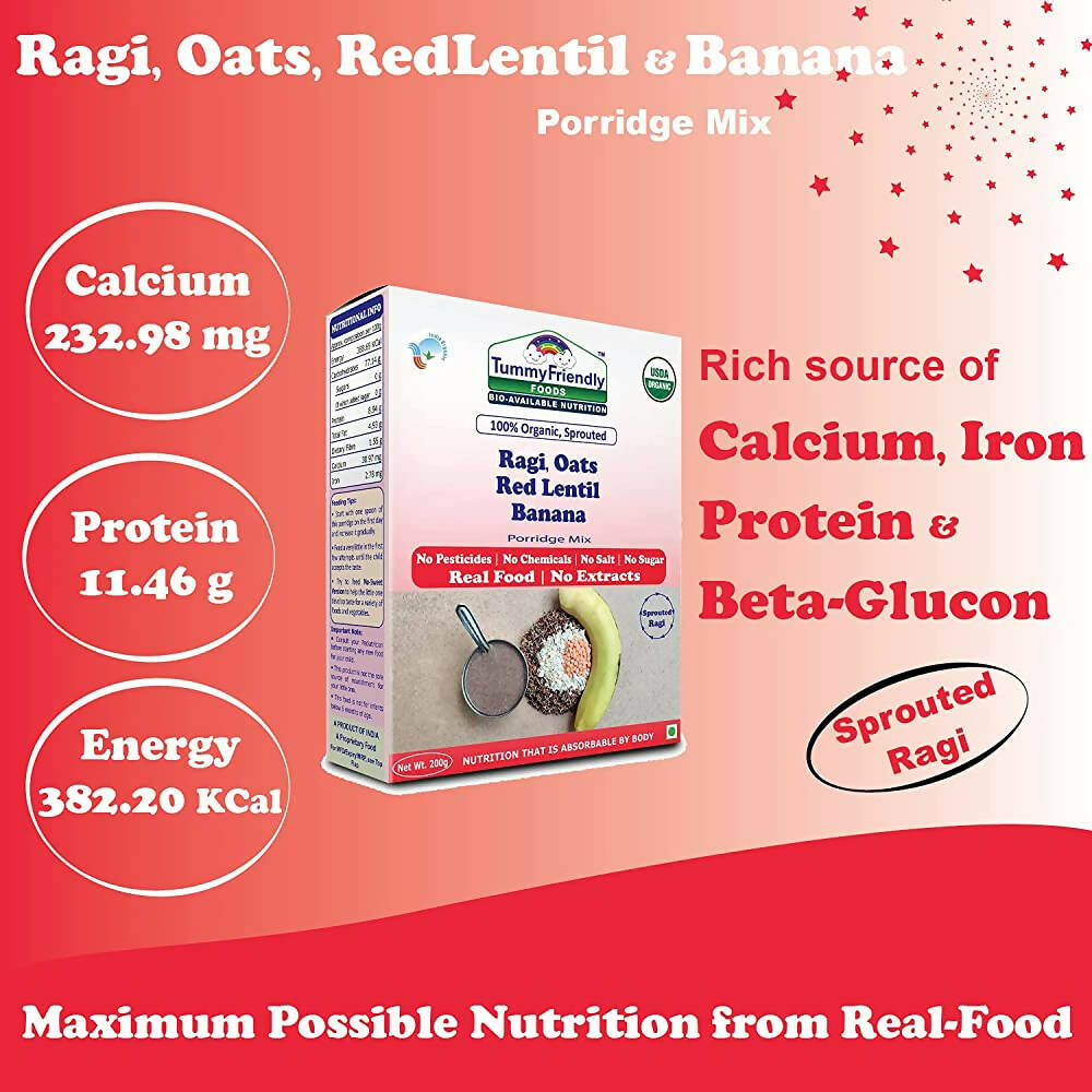 TummyFriendly Foods Organic Sprouted Ragi, Oats, Red Lentil, Banana Porridge Mix - Distacart