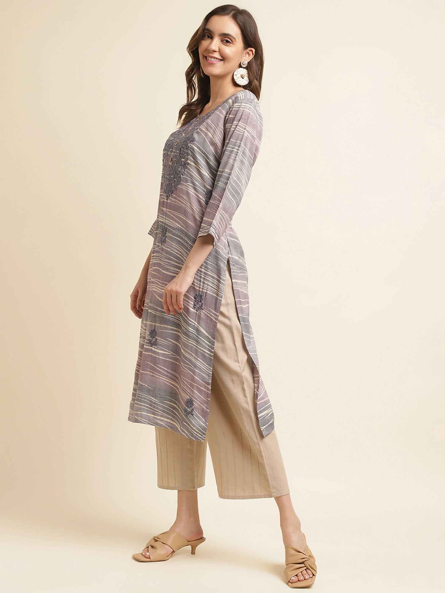 Grey Poly Rayon Stripe Printed Straight Fit Kurta - Prasuti - Distacart