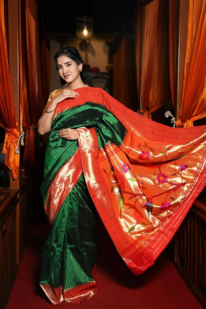 Very Much Indian Triple Muniya Border Paithani- Authentic Handloom Pure Silk With Parrots Pallu - Zari Stripes - Distacart
