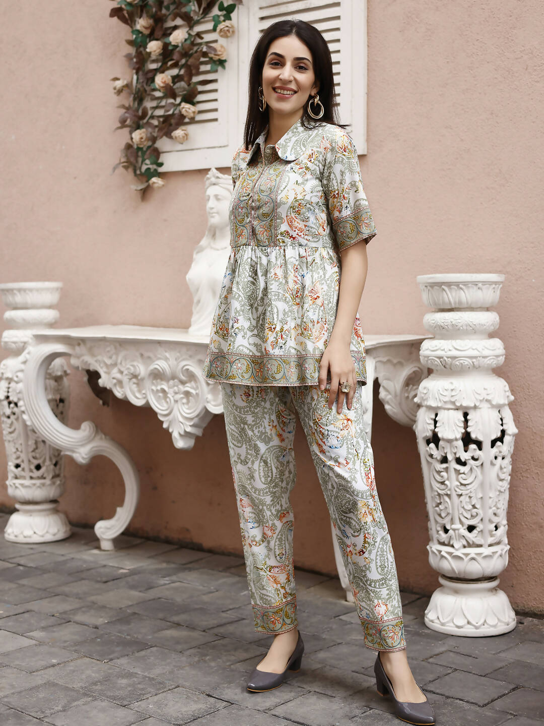 Off White Rayon Paisley Printed Top with Matching Bottom - Eesha - Distacart