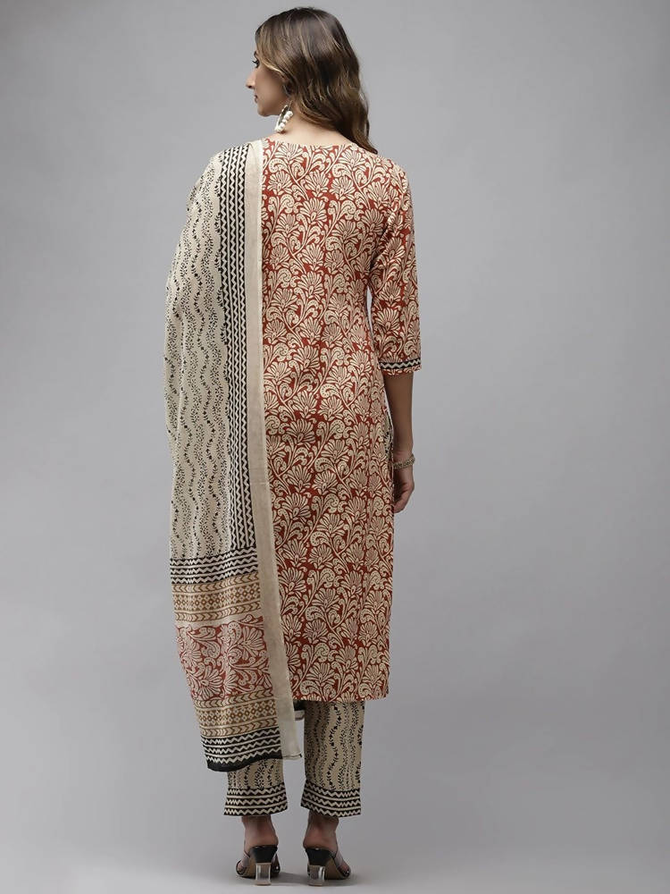 Yufta Women Beige Ethnic motifs Printed Kurta with Trouser & With Dupatta