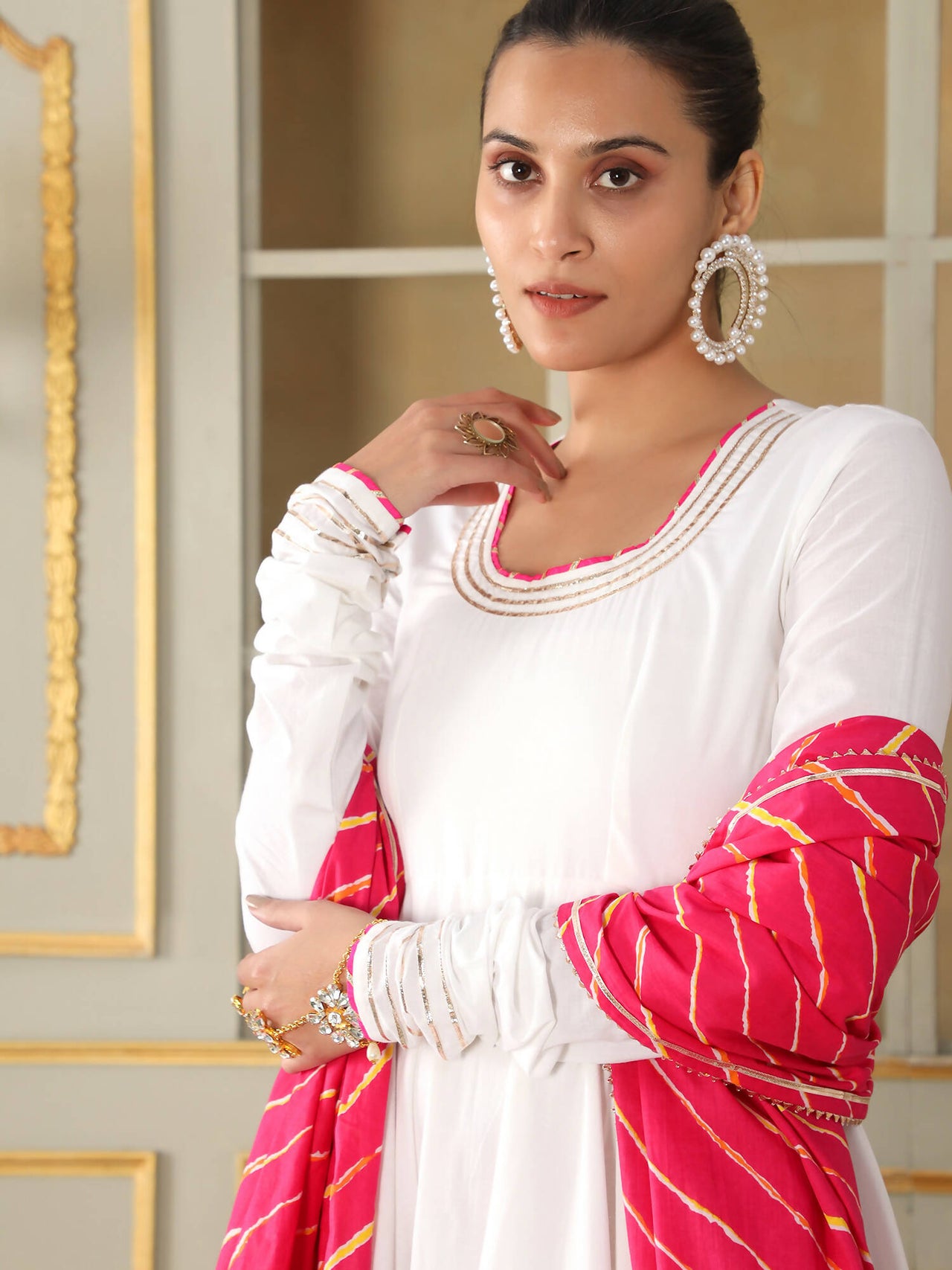 Pomcha Jaipur White Saadgi Pink Leheriya White Anarkali Set - Distacart