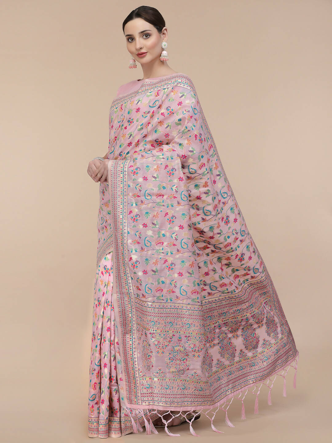 Light Pink Silk Blend Woven Design Saree With Unstitched Blouse Piece - Aloki - Distacart
