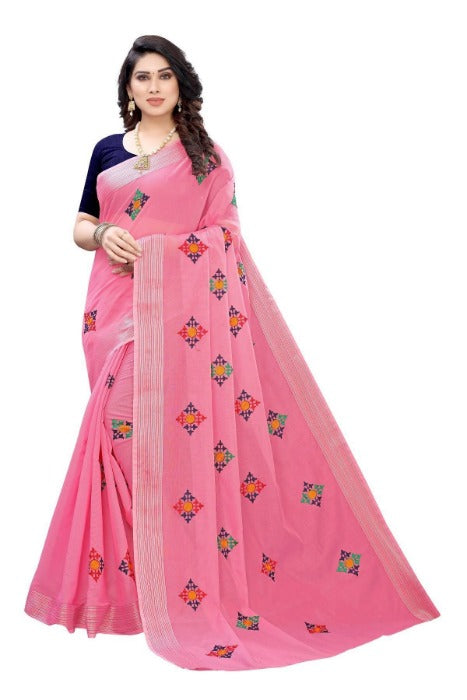 Vamika Chanderi Cotton Embroidery Pink Saree (Dixa Pink)