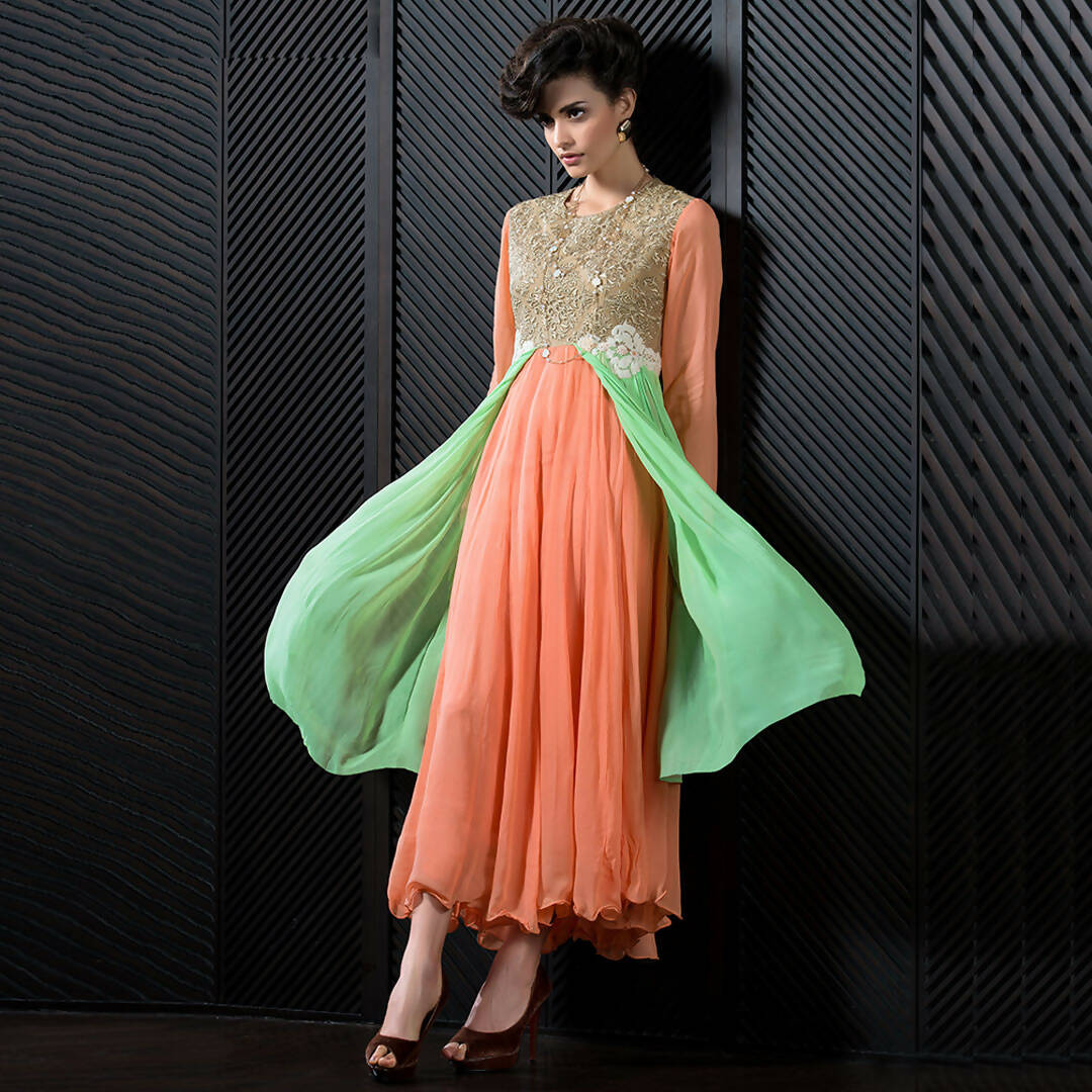 Orange Georgette Floral Embroidered A-line Kurti - Missy - Distacart