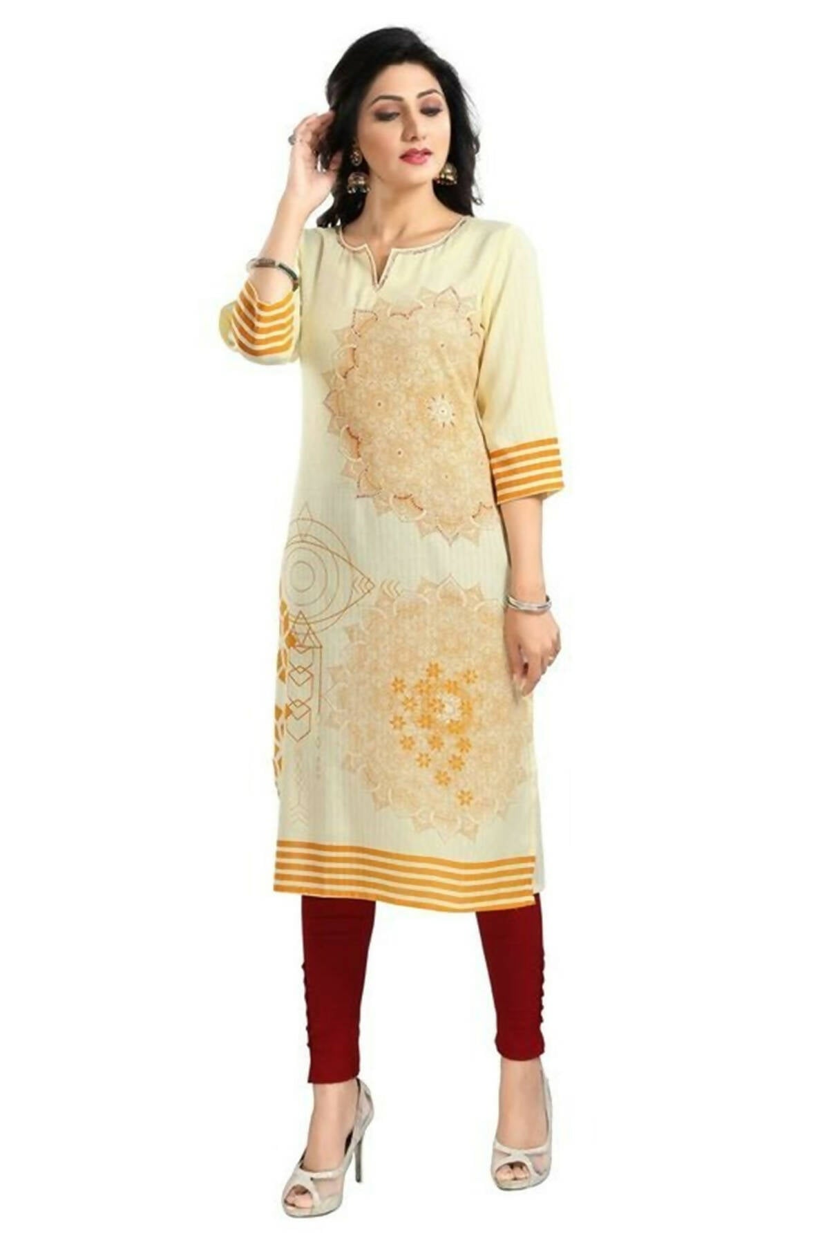 Snehal Creations Yellow Rayon Textured Print Long Kurta For Women - Distacart