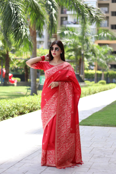 Aastha Fashion Red Woven Handloom Raw Silk Saree with Blouse - Distacart