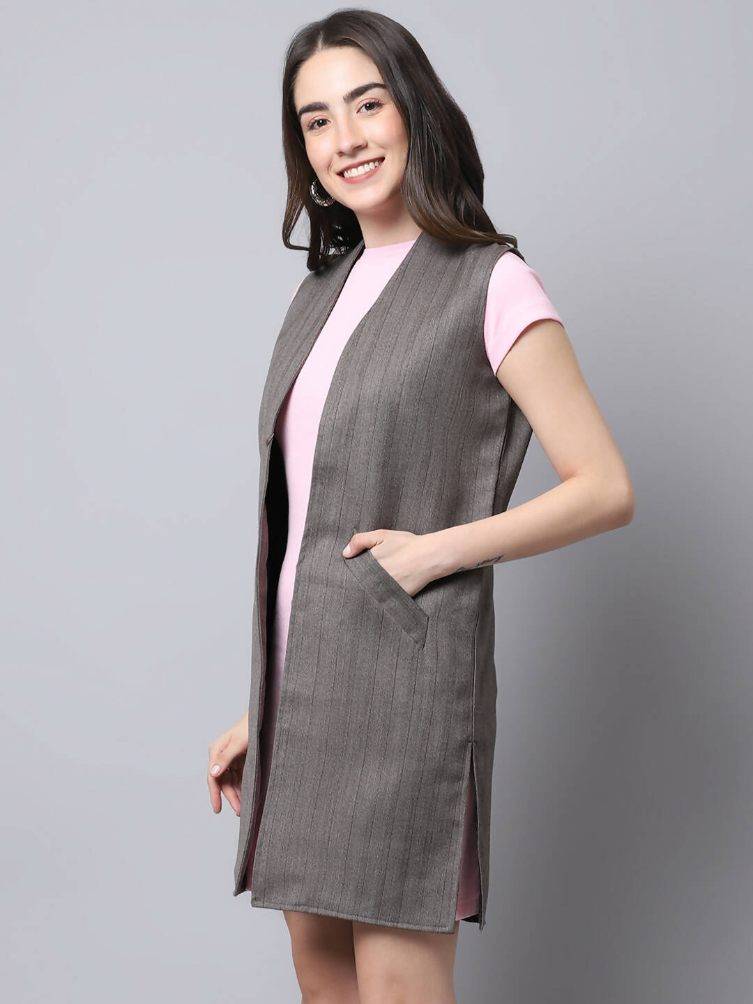 Even Apparels Brown Polywool Open Front Women's Long Coat BF656 - Distacart