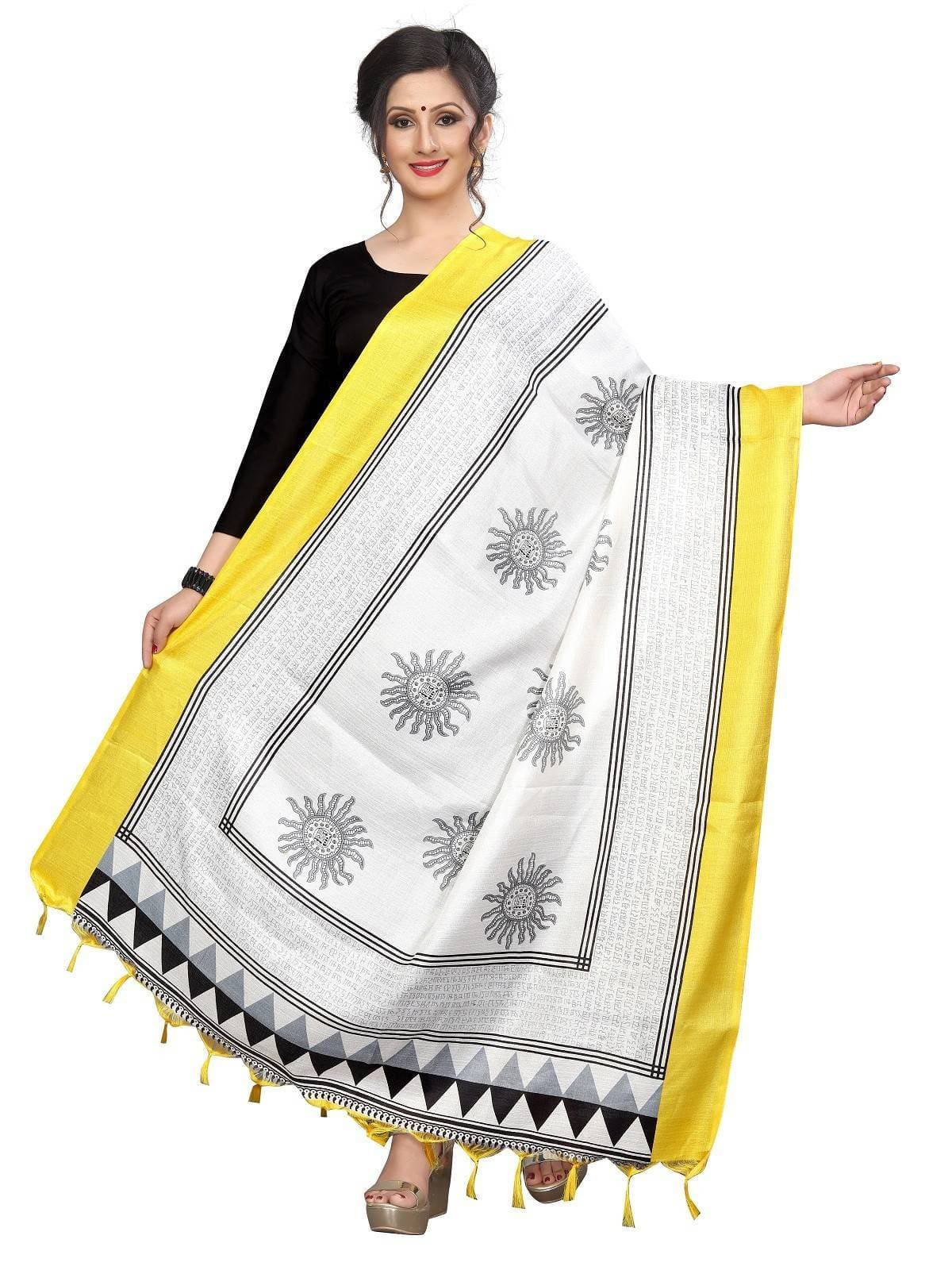 Vamika Yellow-White Printed Khadi Bhagalpuri Dupatta