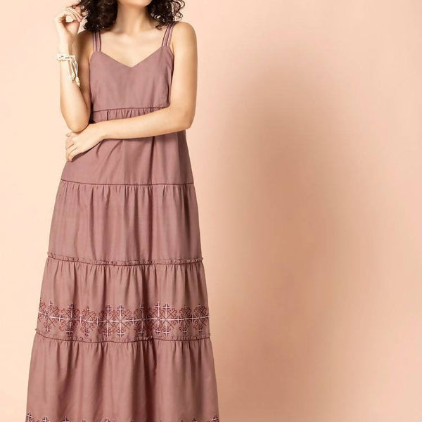 Indya Rose Pink Embroidered Tiered Maxi Dress - M Indya Rose Pink Embroidered Tiered Maxi Dress - M