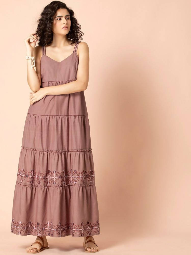 Indya Rose Pink Embroidered Tiered Maxi Dress - Distacart