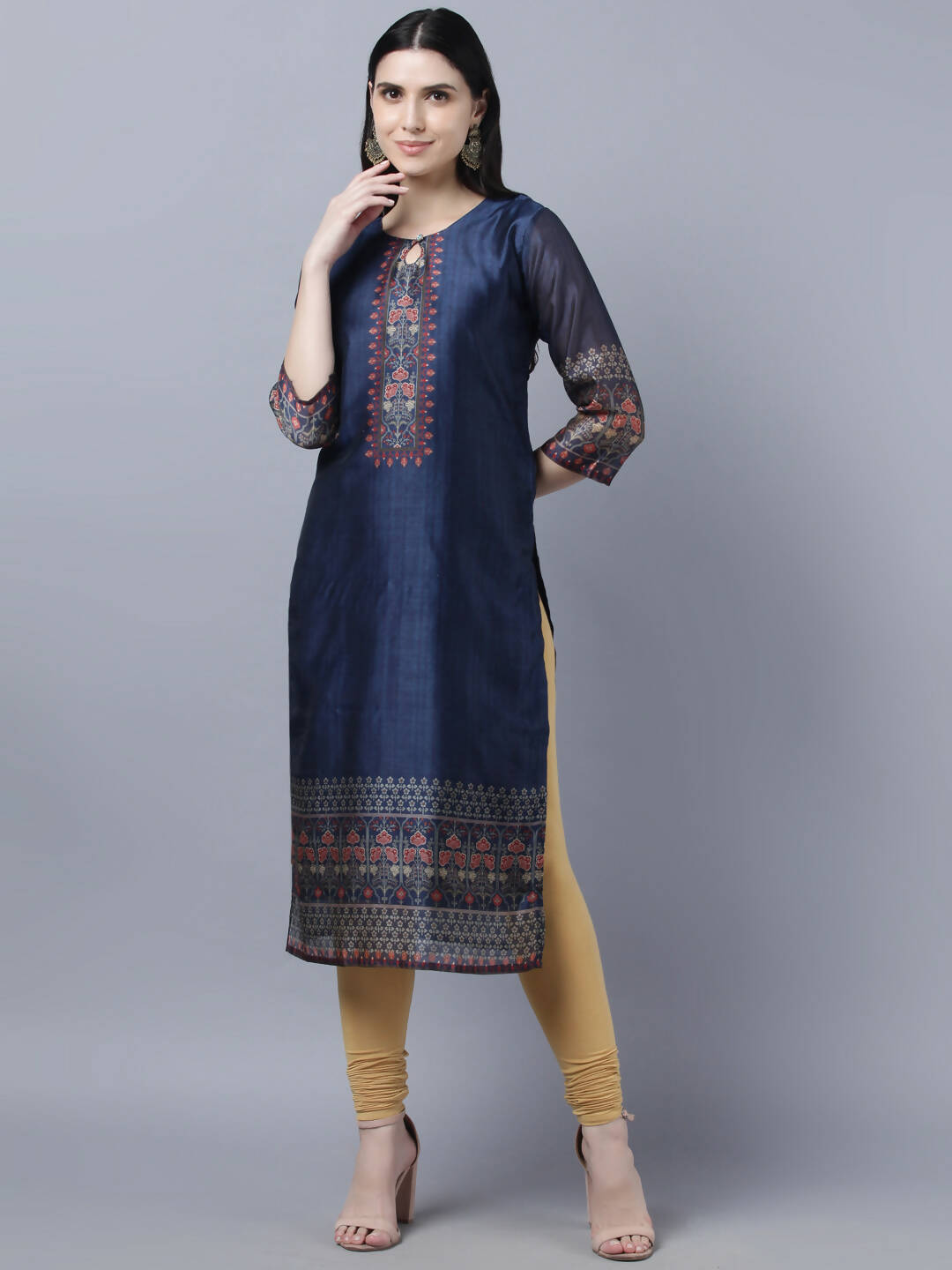 Myshka Women Navy Blue Ethnic Motifs Printed Keyhole Neck Chanderi Silk Kurta - Distacart