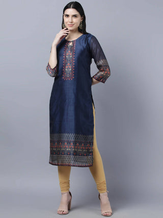 Myshka Women Navy Blue Ethnic Motifs Printed Keyhole Neck Chanderi Silk Kurta - Distacart