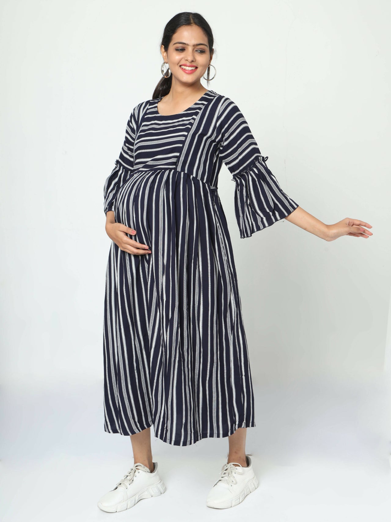 Manet Three Fourth Maternity Dress With Concealed Zipper Nursing Access - Navy Blue - Distacart