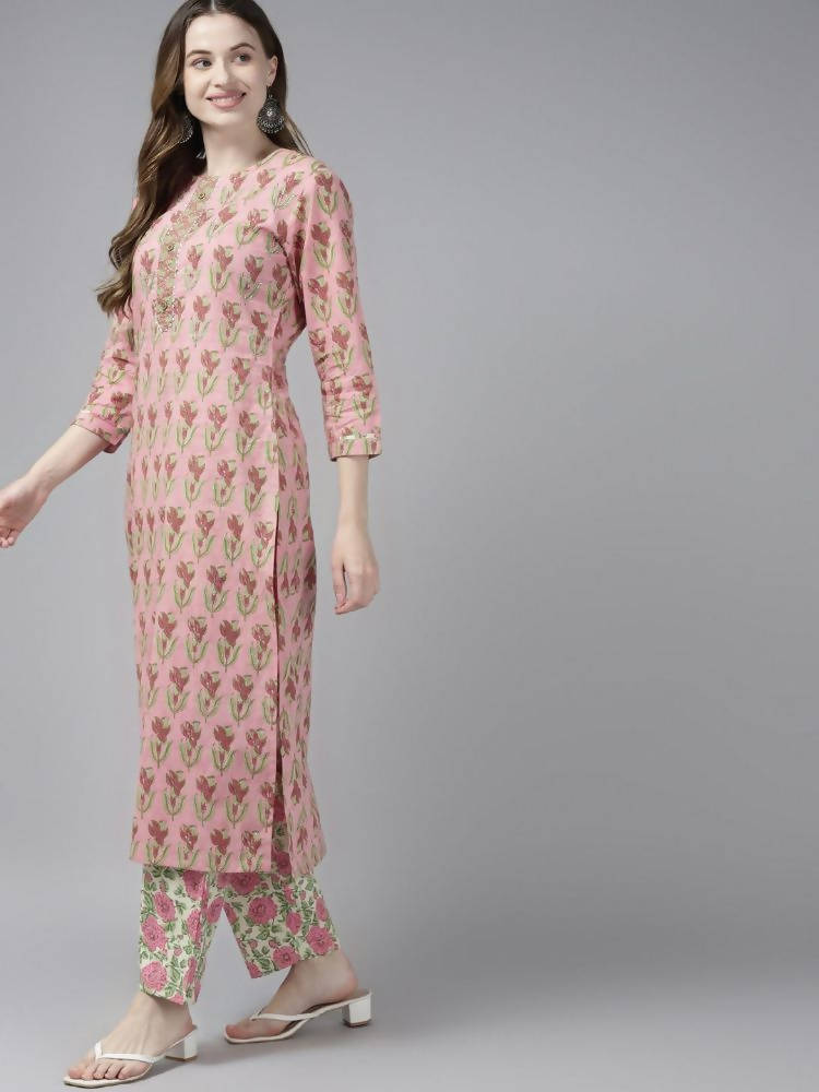 Yufta Women Pink Floral Print Aari Work Pure Cotton Kurta with Palazzo and Dupatta